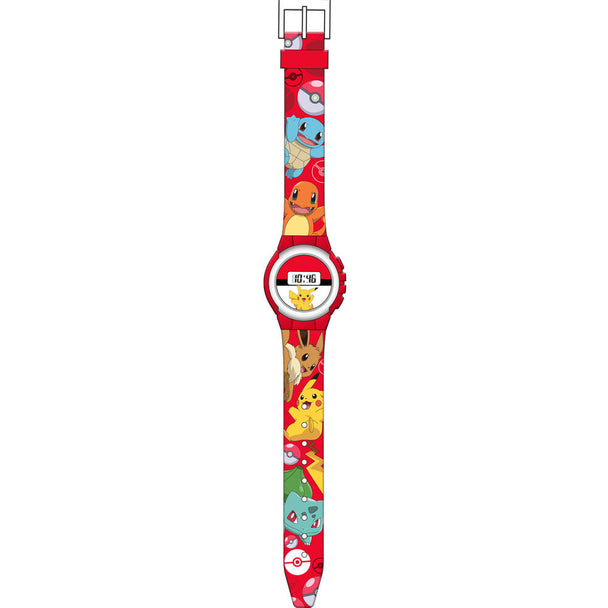 Détail de la montre digitale Pokémon montrant les boutons de réglage et le bracelet confortable