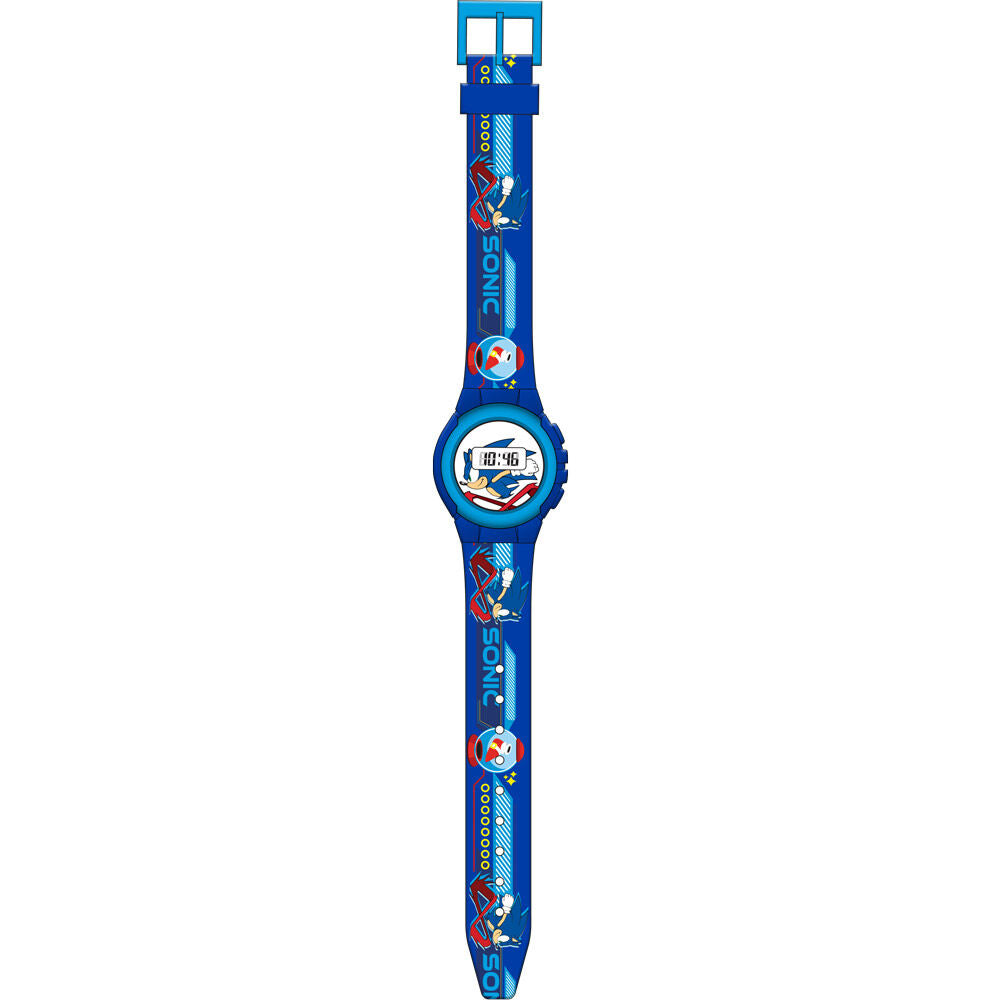 Montre digitale Sonic The Hedgehog avec écran numérique et bracelet coloré sur fond blanc