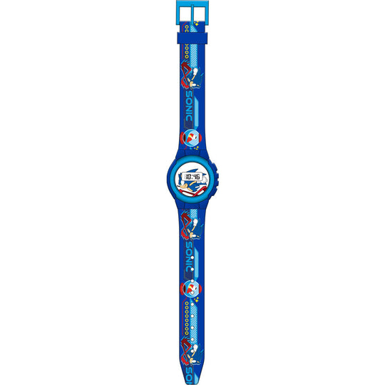 Montre digitale Sonic The Hedgehog avec écran numérique et bracelet coloré sur fond blanc