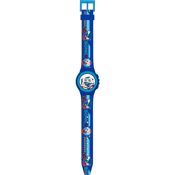 Montre digitale Sonic The Hedgehog avec écran numérique et bracelet coloré sur fond blanc