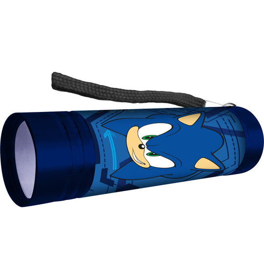 Lampe torche Sonic The Hedgehog posée sur une table, éclairage LED activé