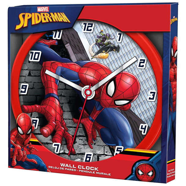 Vue de côté de l'horloge murale Spiderman Marvel montrant son design officiel KIDS LICENSING