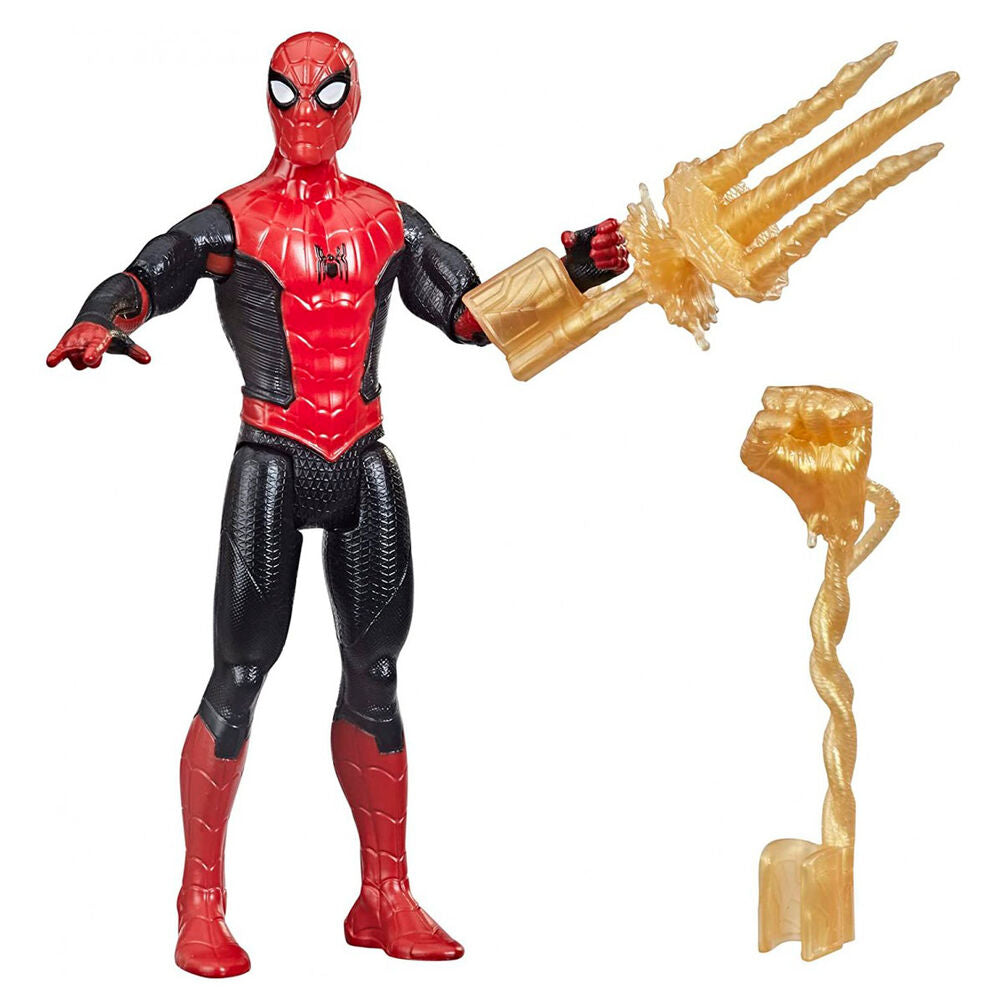 Figurine Spiderman Marvel posée sur un socle avec accessoires assortis à côté