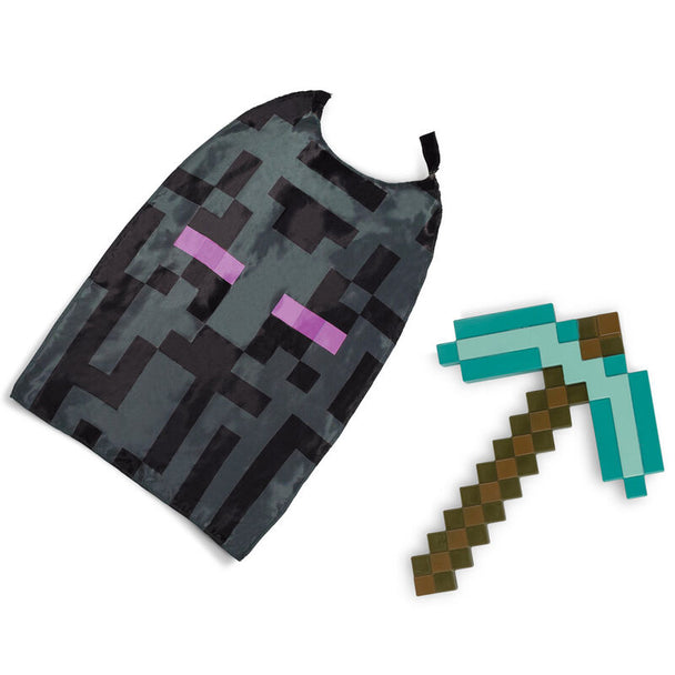 Vue de face du déguisement Minecraft Layer avec pioche sur mannequin, mettant en valeur les détails pixelisés du costume