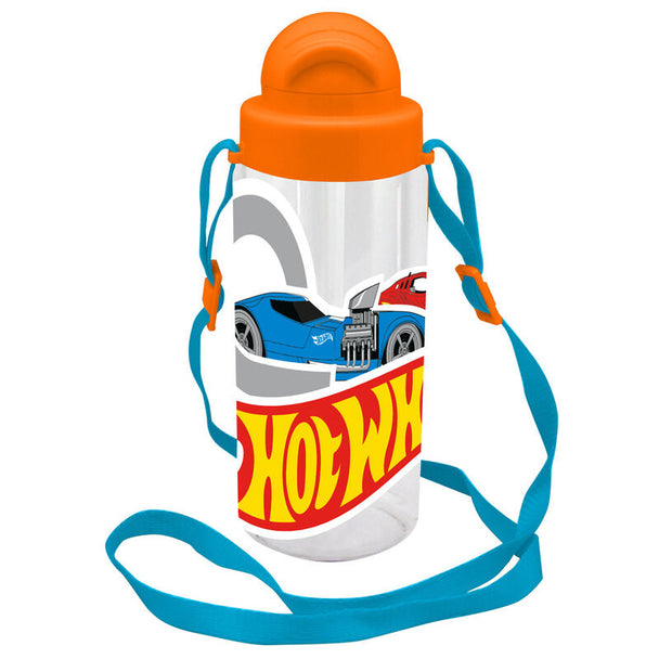 Gourde Hot Wheels Tritan 500ml avec poignée ergonomique, vue de face montrant le design coloré et le logo Hot Wheels