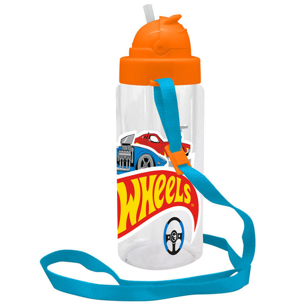Bouteille Hot Wheels sans BPA en Tritan, mise en scène sur fond blanc avec focus sur la capacité de 500ml et la poignée pratique