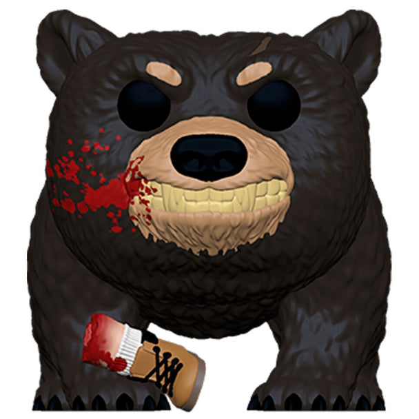 Figurine Funko POP Cocaine Bear avec jambe, vue de face dans sa boîte vitrine transparente.