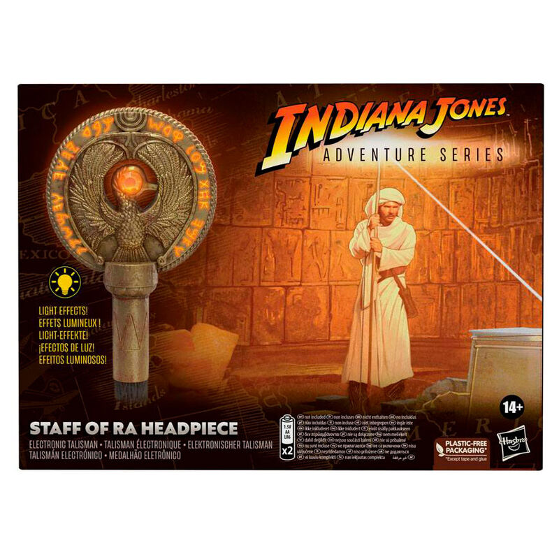 Bâton de Ra Indiana Jones posé sur son socle d'exposition avec détails métalliques et textures réalistes