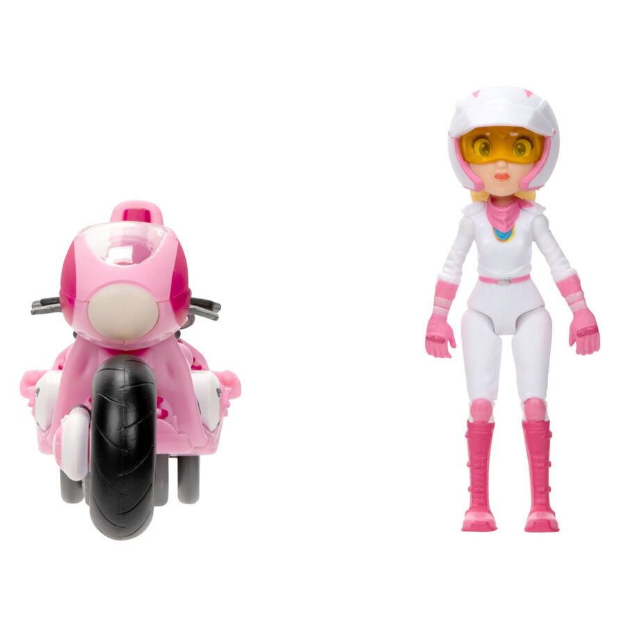 Profil gauche de la figurine Peach Kart montrant les roues et décorations