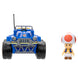 Gros plan sur le visage souriant de Toad avec son casque bleu et blanc distinctif