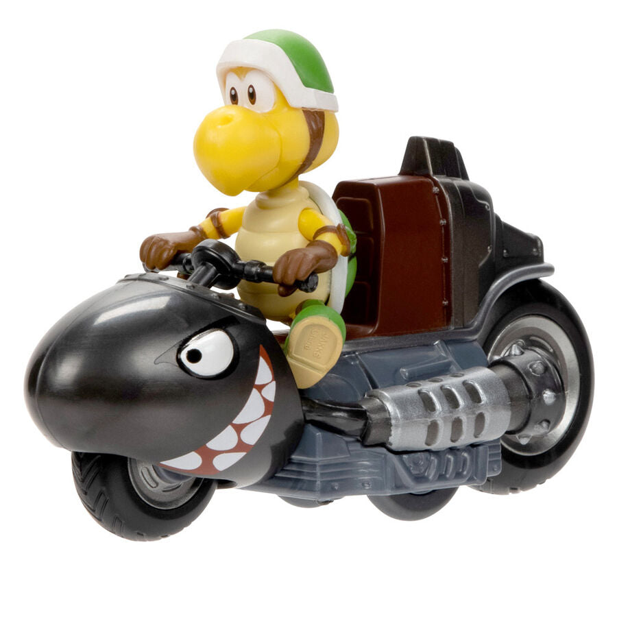 Profil gauche de la figurine Koopa Troopa Kart montrant les roues et la carrosserie verte