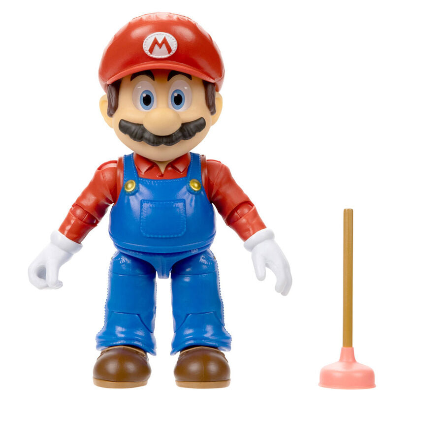 Figurine Super Mario Bros posée sur un socle blanc neutre