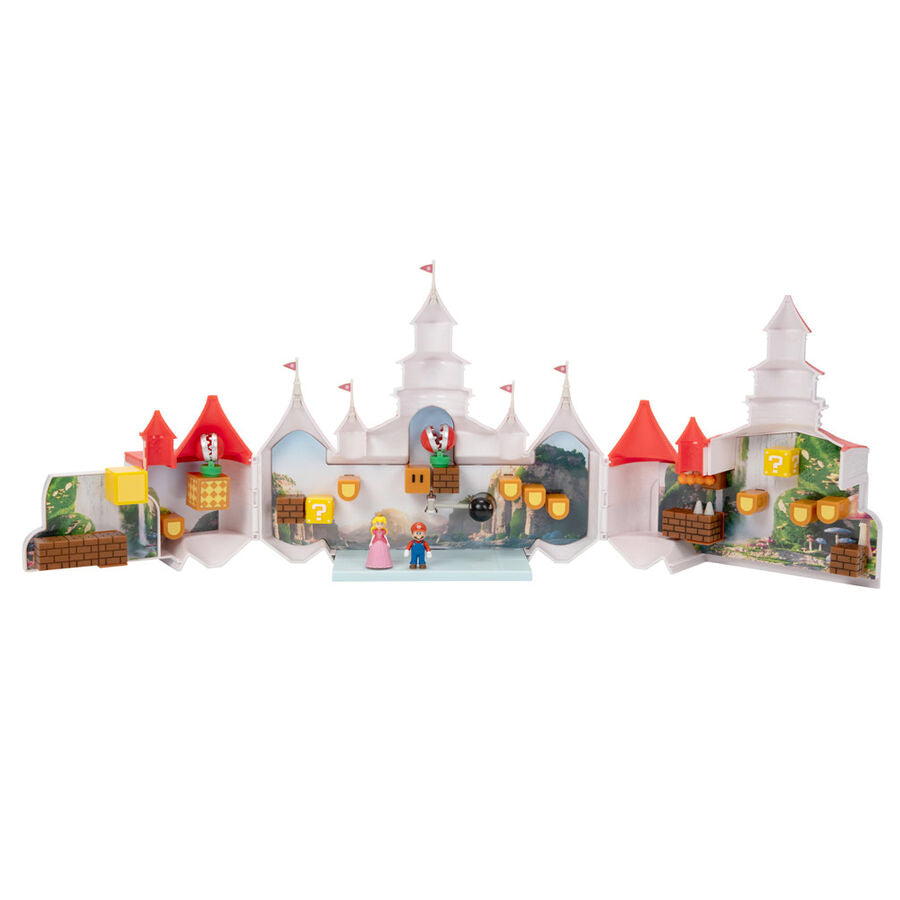 Présentation des deux figurines miniatures posées sur le playset Super Mario Bros