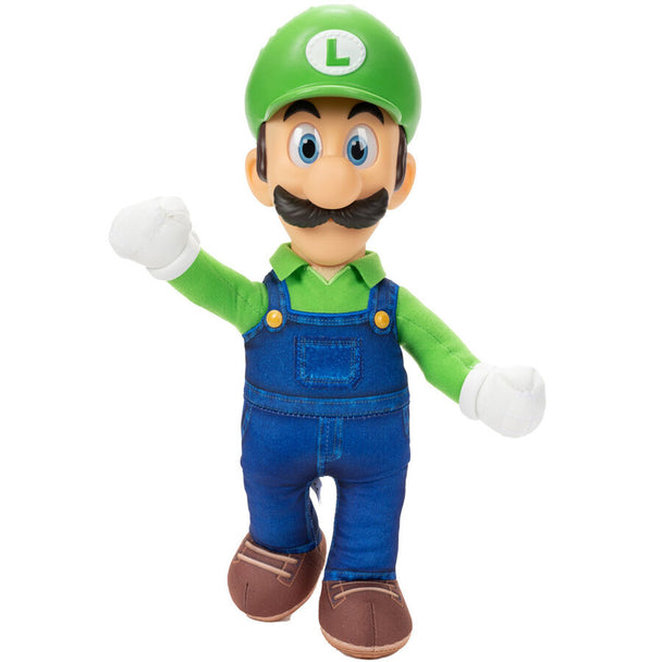 Zoom sur le visage souriant de la peluche Luigi de JAKKS PACIFIC