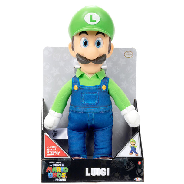 Peluche Luigi Super Mario Bros de 30cm vue de face avec détails précis