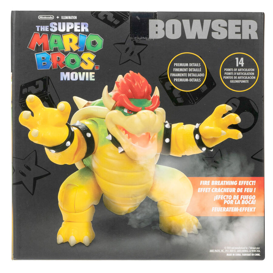 Gros plan sur la tête de Bowser avec expression menaçante et effet feu