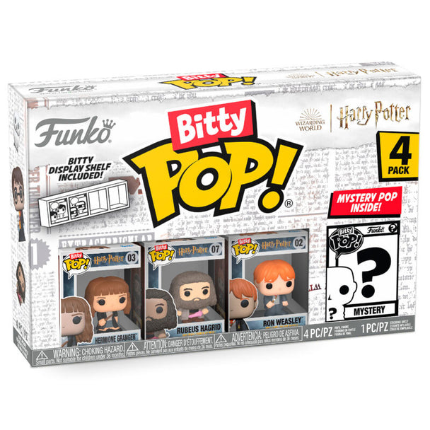 Blister contenant 4 figurines Bitty POP Harry Potter et Hermione en coffret acrylique transparent.