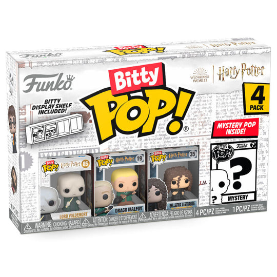 Blister Funko Bitty POP Harry Potter avec 4 figurines miniatures, incluant Voldemort, présentées dans un coffret acrylique transparent.