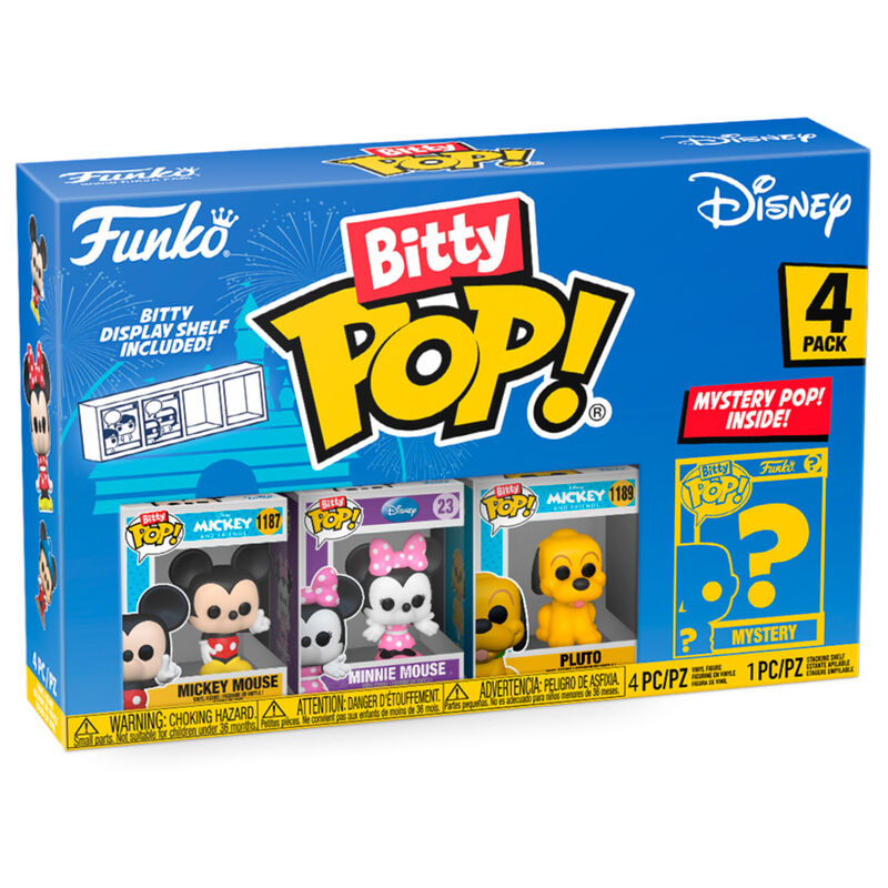 Blister contenant 4 figurines Bitty POP Disney Mickey en boîtiers acryliques avec socles détachables
