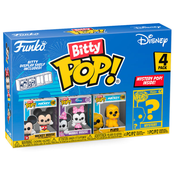 Blister contenant 4 figurines Bitty POP Disney Mickey en boîtiers acryliques avec socles détachables