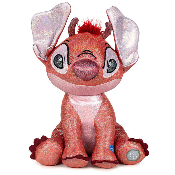 Peluche Stitch Leroy pailletée Disney 100e anniversaire de 28 cm vue de face, détails brillants et couleurs vives.