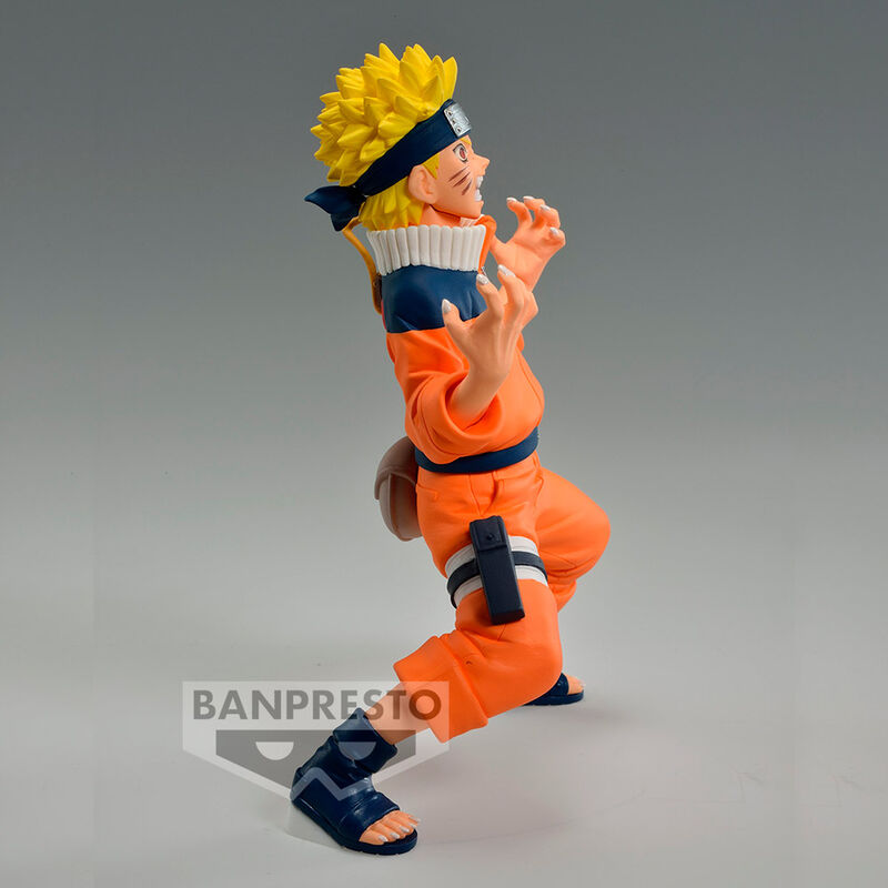 Profil gauche de la figurine BANPRESTO Uzumaki Naruto II montrant les détails soignés du visage et des accessoires