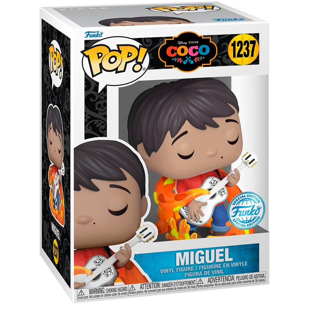 Emballage original Funko POP avec la figurine Miguel de Coco visible à travers la fenêtre transparente