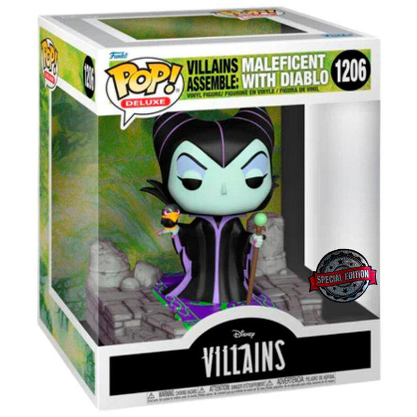 Vue latérale de la figurine POP Maleficent Disney Villains exclusive FUNKO montrant ses ailes et sa couronne