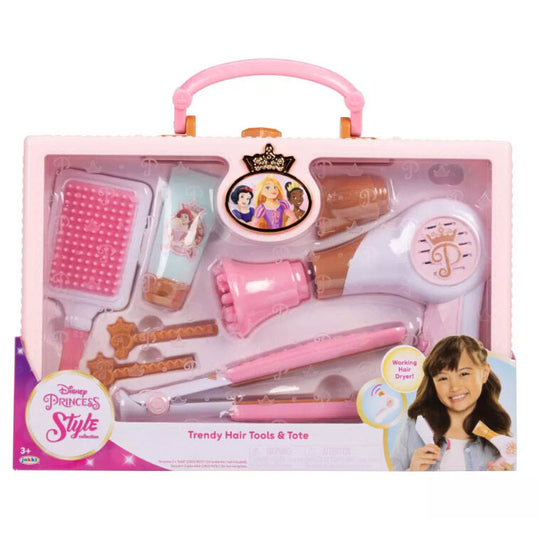 Valisette coiffeuse Disney Princesses ouverte avec accessoires de coiffure visibles sur fond blanc
