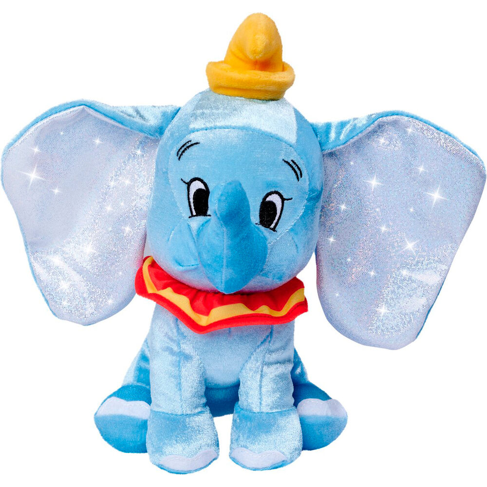Peluche Dumbo Disney 25cm posée sur un fond blanc, mettant en valeur la qualité des matériaux SIMBA