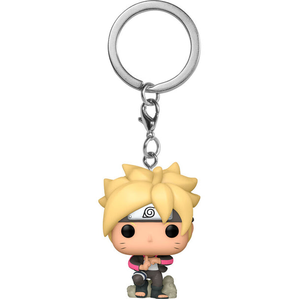 Vue rapprochée du porte-clés Boruto Uzumaki FUNKO Pocket POP montrant les détails précis et la finition soignée