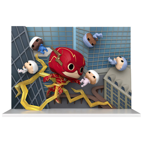 Figurine FUNKO The Flash Baby Rescue montrant le super-héros en action tenant un bébé, vue latérale