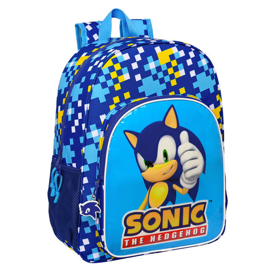 Sac à dos Sonic The Hedgehog 42 cm avec design bleu et logo SAFTA, vue de face montrant la grande poche avant