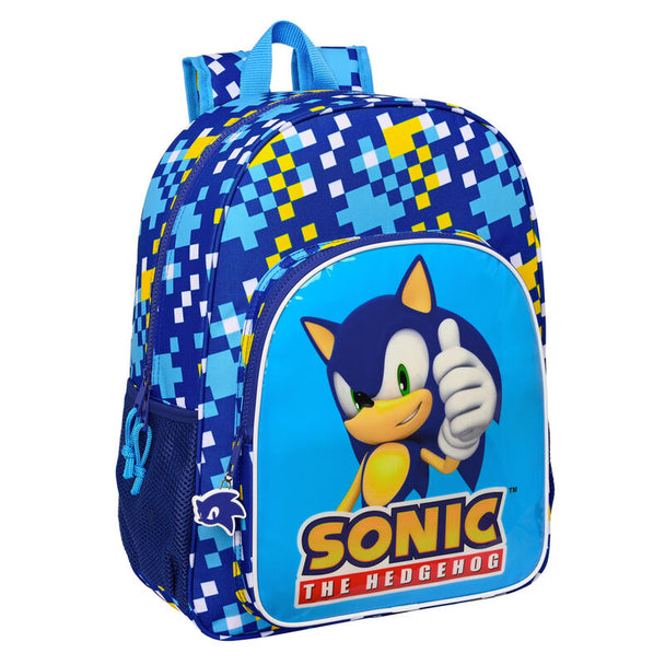 Sac à dos Sonic The Hedgehog 42 cm avec design bleu et logo SAFTA, vue de face montrant la grande poche avant