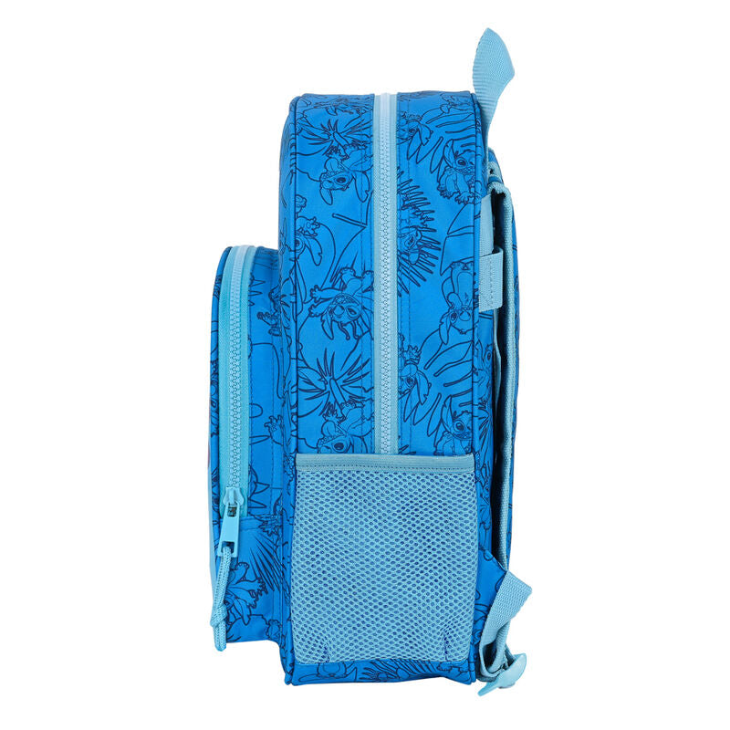 Sac à dos Stitch posé sur un trolley avec la poignée ajustée, parfait pour un transport facile à l'école.