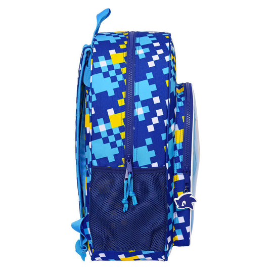 Détail du double zip du sac à dos Sonic The Hedgehog et poignée de transport supérieure ergonomique