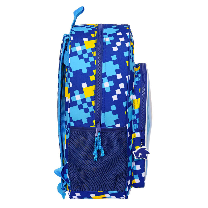 Détail du double zip du sac à dos Sonic The Hedgehog et poignée de transport supérieure ergonomique