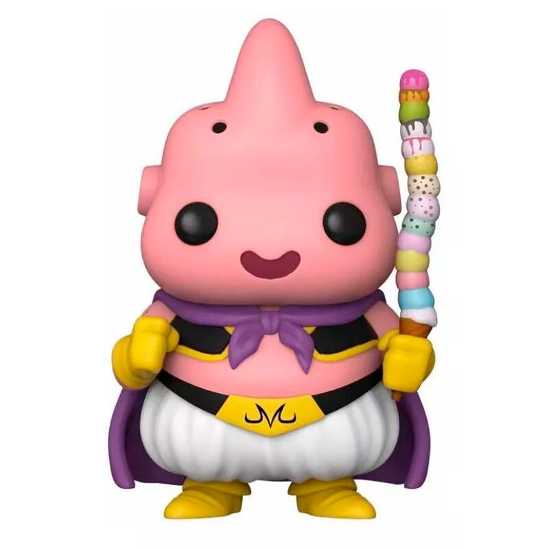 Set complet avec figurine POP Majin Buu posée à côté du t-shirt exclusif sur fond neutre