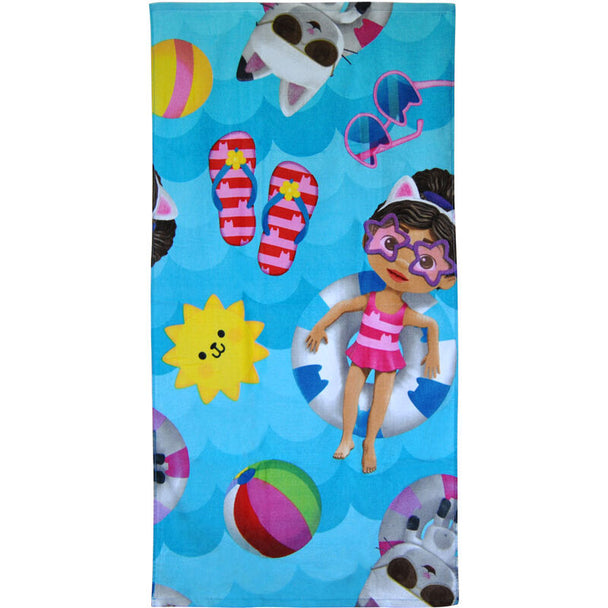 Serviette de plage en coton Gabbys Dollhouse pour enfants, dimensions 70x140cm, design coloré et ludique.