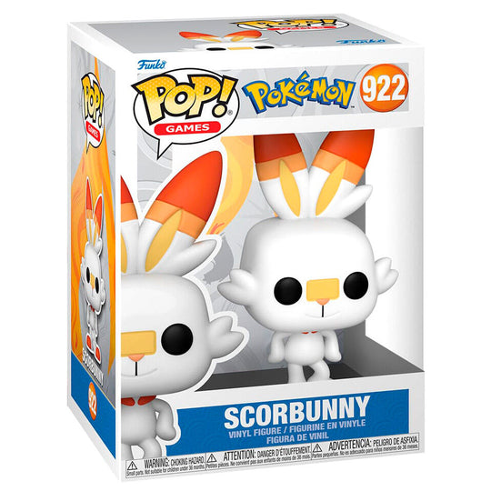 Figurine Funko POP de Scorbunny Pokémon en vinyle blanc et orange dans sa boîte vitrine