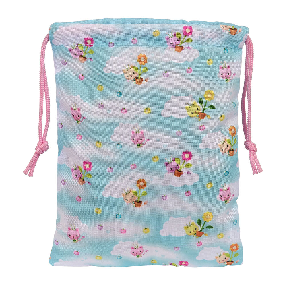 Détail de la fermeture à cordon du sac à déjeuner Gabbys Dollhouse SAFTA, montrant la qualité du matériel.