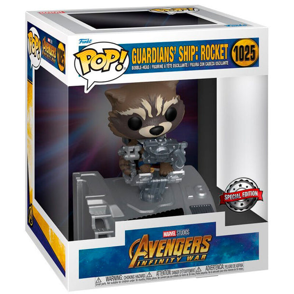 Figurine POP Deluxe FUNKO représentant Rocket des Gardiens de la Galaxie avec son vaisseau en détail