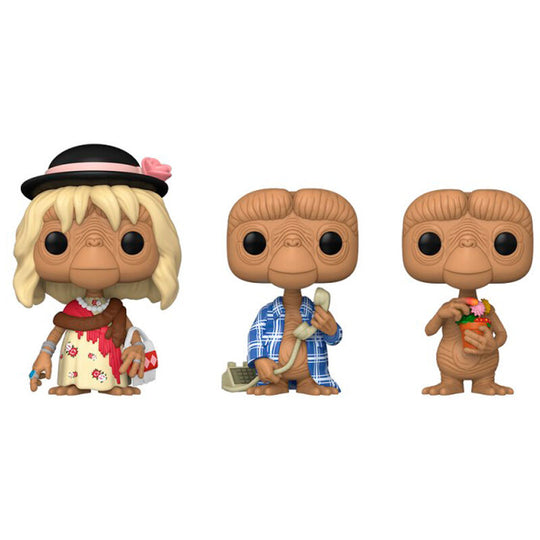 Vue rapprochée des figurines Funko POP E.T. The Extra-Terrestrial montrant les expressions et couleurs vives