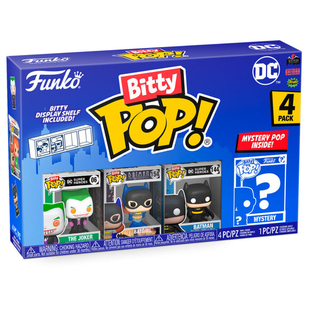 Blister contenant 4 figurines Bitty POP The Joker DC Comics de FUNKO, présentées dans des boîtiers acryliques rigides