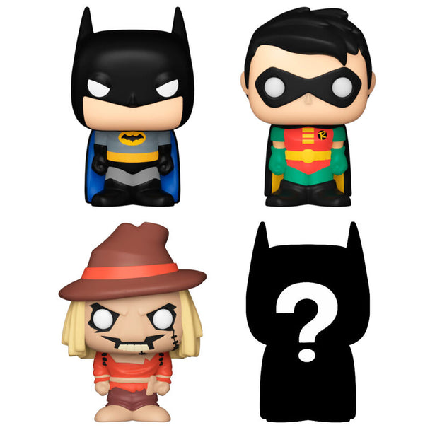 Zoom sur les détails des figurines Bitty POP Batman DC Comics incluses dans le blister collector FUNKO