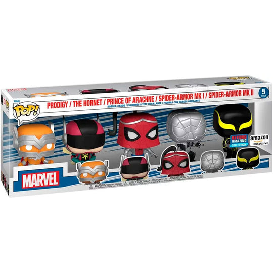 Pack de 5 figurines Funko POP Marvel Spiderman en édition exclusive, montrant les détails précis des personnages.