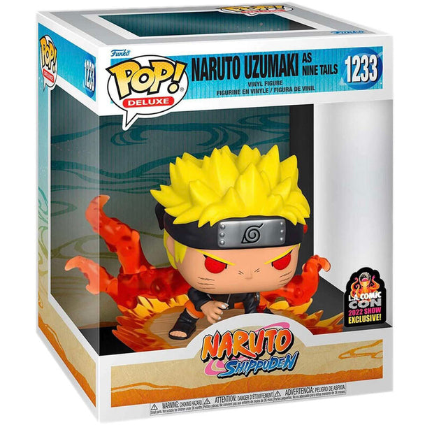 Figurine POP Deluxe de Naruto Uzumaki en tenue de combat exclusive FUNKO, vue de face avec détails colorés et expression dynamique