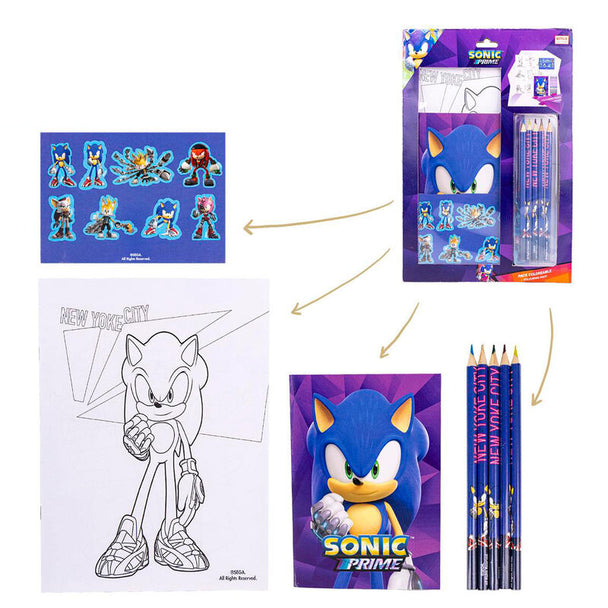 Vue d'ensemble du set de papeterie Sonic Prime CERDÁ avec cahiers et crayons de couleur