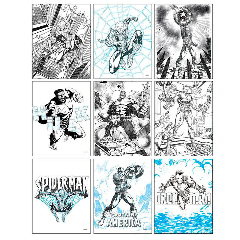 Cahier A5 Marvel Avengers avec pages de coloriage illustrant les personnages des Avengers