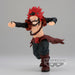 Vue latérale de la figurine Eijiro Kirishima Red Riot montrant sa posture dynamique et son costume rouge